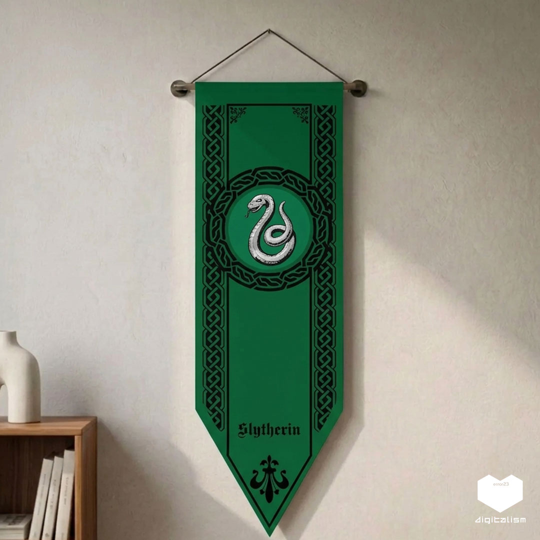 پرچم هری پاتر طرح گروه اسلیترین | کتیبه دیواری مخمل Slytherin با نشان مار نقرهای